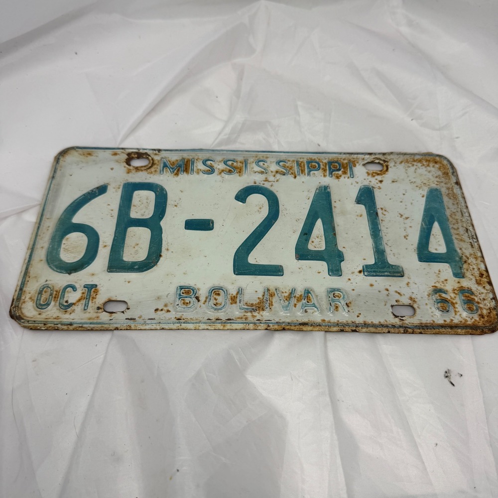 Vintage 1966 Mississippi License Plate Bolivar County 6B-2414 Rustic Decor